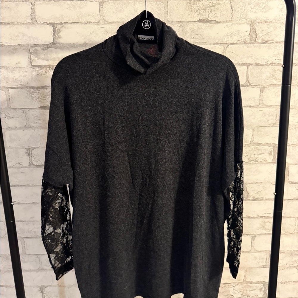 Elegant Charcoal Sweater with Lace Sleeves